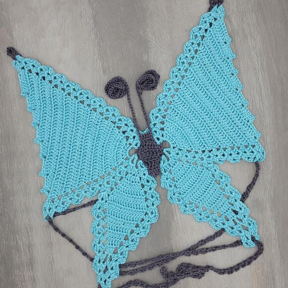Handmade Crochet Butterfly Crop‎ Top  – Green & dark gray – Festival Fit - Picture 1 of 6